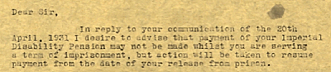William advised no pension while he is in prison.